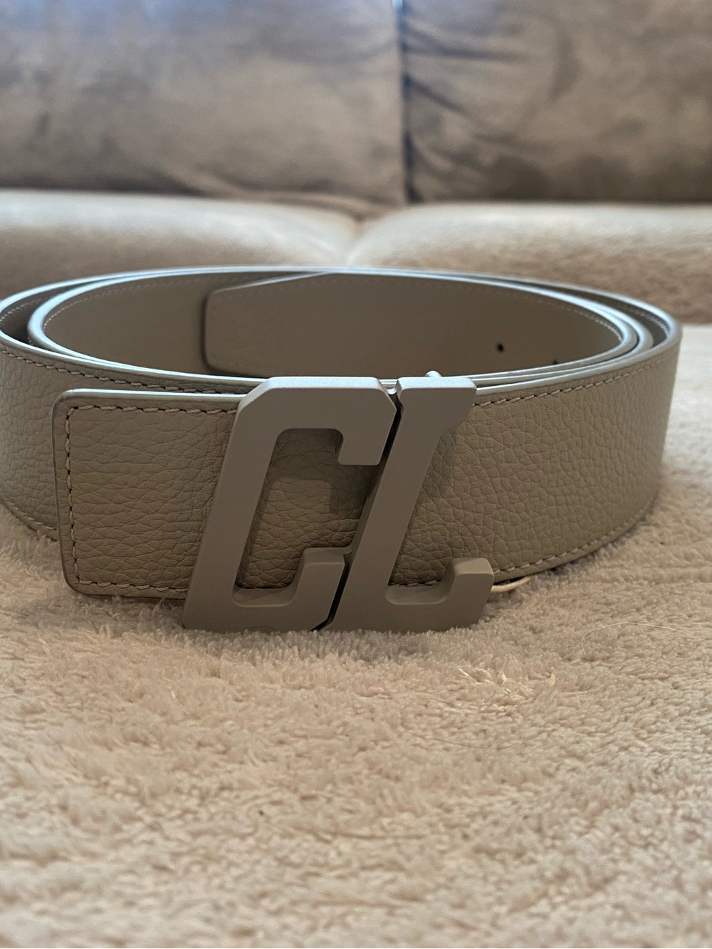 Christian Louboutin Leather Belt with Matte Metal 'CL' Buckle - Grey